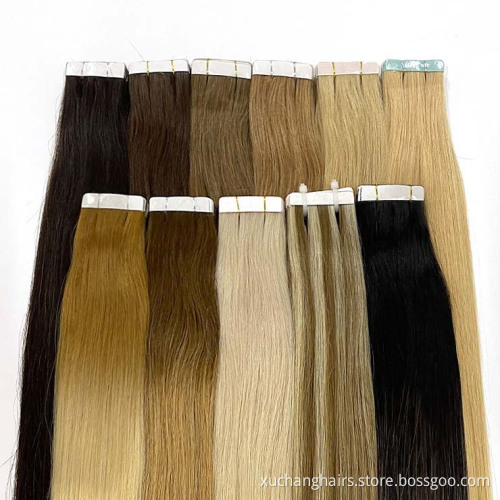 Russische haartape -extensie Haar Human Groothandel rechte cuticle uitgelijnde maagdelijke tape in Hair Extensions Remy Leveres